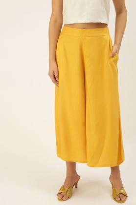 solid polyester regular fit women's pants - mustard