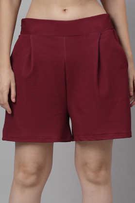 solid polyester regular fit women's shorts - maroon