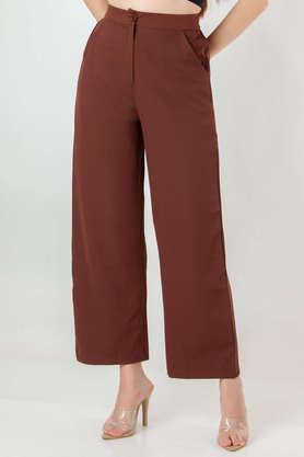 solid polyester regular fit women's trouser - brown