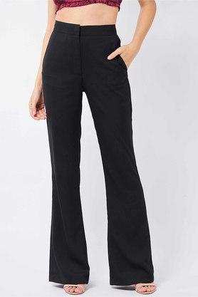 solid polyester regular fit womens slit trousers - black