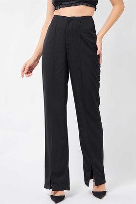 solid polyester regular fit womens slit trousers - black