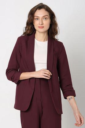 solid polyester relaxed fit women's blazer - purple