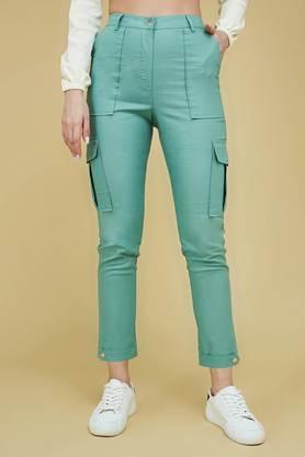 solid polyester relaxed fit women's trousers - turquoise