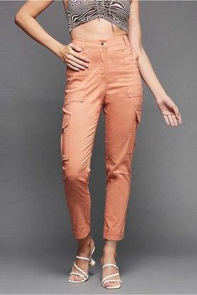 solid polyester relaxed fit womens casual pants - dusty orange