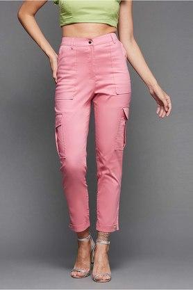 solid polyester relaxed fit womens casual pants - pink
