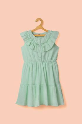 solid polyester round neck girl's casual wear dress - green