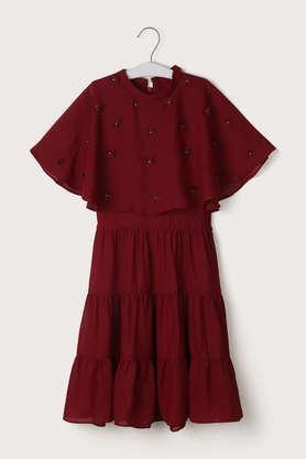 solid polyester round neck girl's casual wear dress - maroon