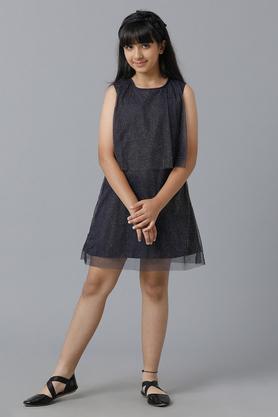 solid polyester round neck girl's dress - navy