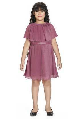 solid polyester round neck girl's dress - pink