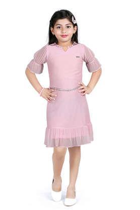solid polyester round neck girl's party wear dress - pink