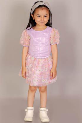 solid polyester round neck girl's party wear top & skirt set - lavender