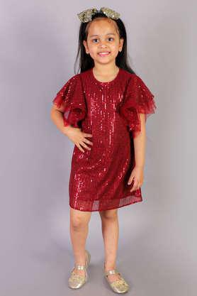 solid polyester round neck girls dress - red