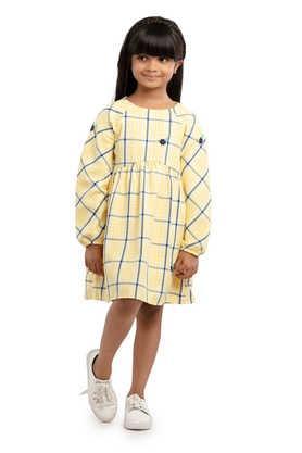 solid polyester round neck girls dress - yellow