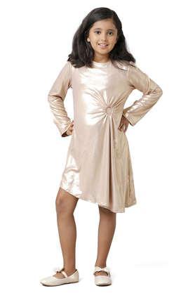 solid polyester round neck girls fusion wear dress - gold