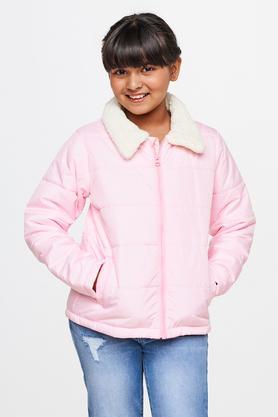 solid polyester round neck girls jacket - pink