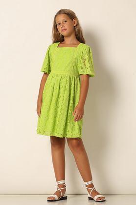 solid polyester round neck girls party wear dress - acid green