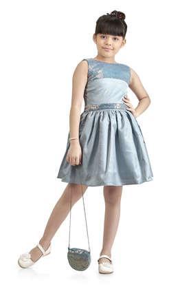 solid polyester round neck girls party wear dress - opal