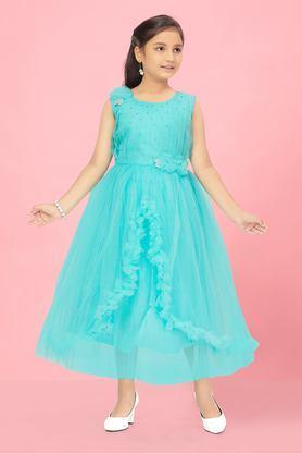 solid polyester round neck girls party wear gown - sea green