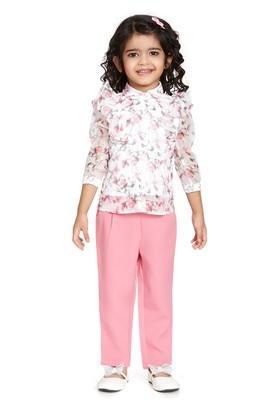 solid polyester round neck girls skirt kurta dupatta set - pink
