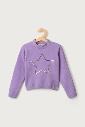 solid polyester round neck girls sweater - lilac