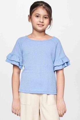 solid polyester round neck girls top - blue