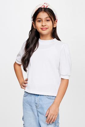 solid polyester round neck girls top - white