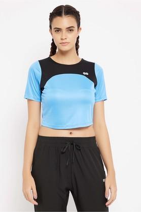solid polyester round neck women's active wear t-shirts - blue