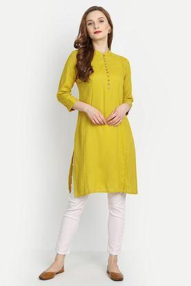 solid polyester round neck women's casual wear kurti - yellow
