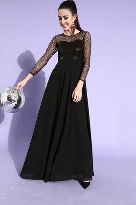 solid polyester round neck women's knee length dress - black