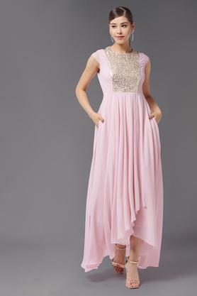 solid polyester round neck women's knee length dress - dusty pink
