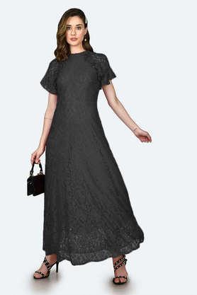 solid polyester round neck women's maxi dress - black