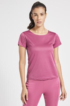solid polyester round neck women's t-shirt - mauve