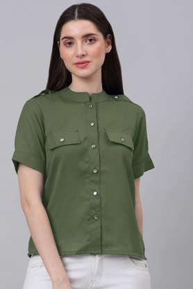 solid polyester round neck women's top - olive