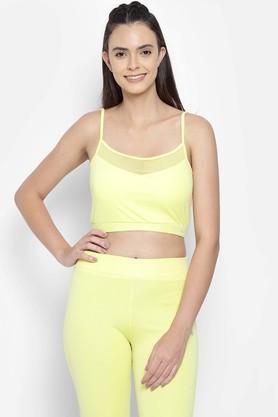 solid polyester round neck women's top - yellow