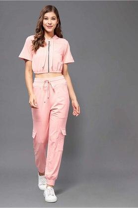 solid polyester round neck womens co-ord set - peach
