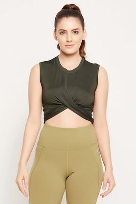 solid polyester round neck womens top - green