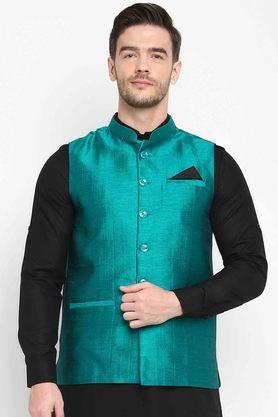 solid polyester silk regular fit men's occasion wear nehru jacket - green