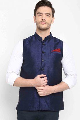 solid polyester silk regular fit men's occasion wear nehru jacket - navy