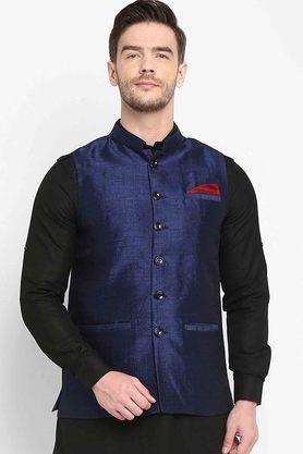 solid polyester silk regular fit men's occasion wear nehru jacket - navy