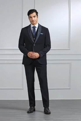 solid polyester slim fit men's casual wear suit - navy