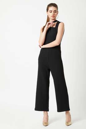 solid polyester slim fit women's jumpsuit - black