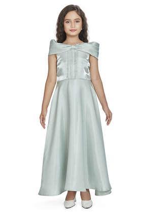 solid polyester square neck girls party wear dress - sea green