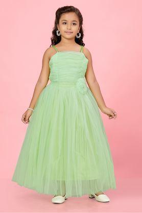 solid polyester square neck girls party wear gown - green