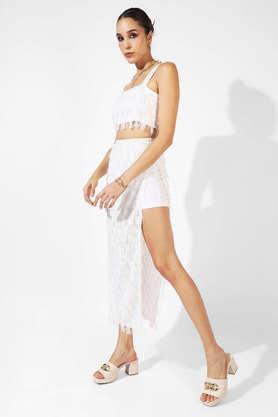 solid polyester square neck women's co-ord set with fringing - white