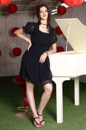 solid polyester square neck women's knee length dress - black