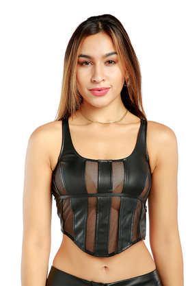solid polyester square neck women's top - black