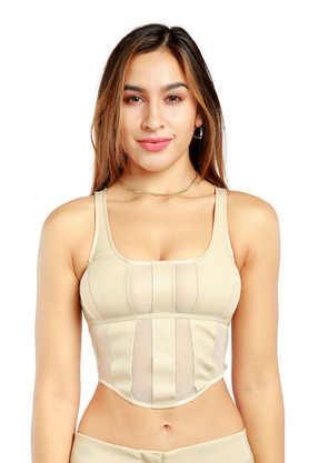 solid polyester square neck women's top - natural