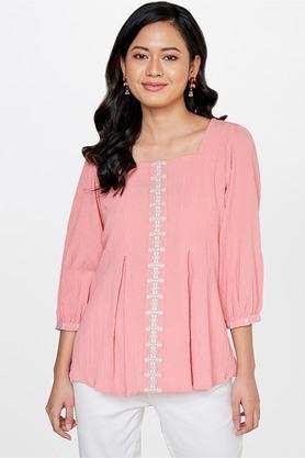 solid polyester square neck women's top - pink
