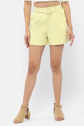 solid polyester straight fit women's shorts - lime green