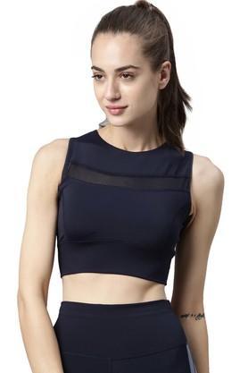 solid polyester stretch crop fit womens top - navy